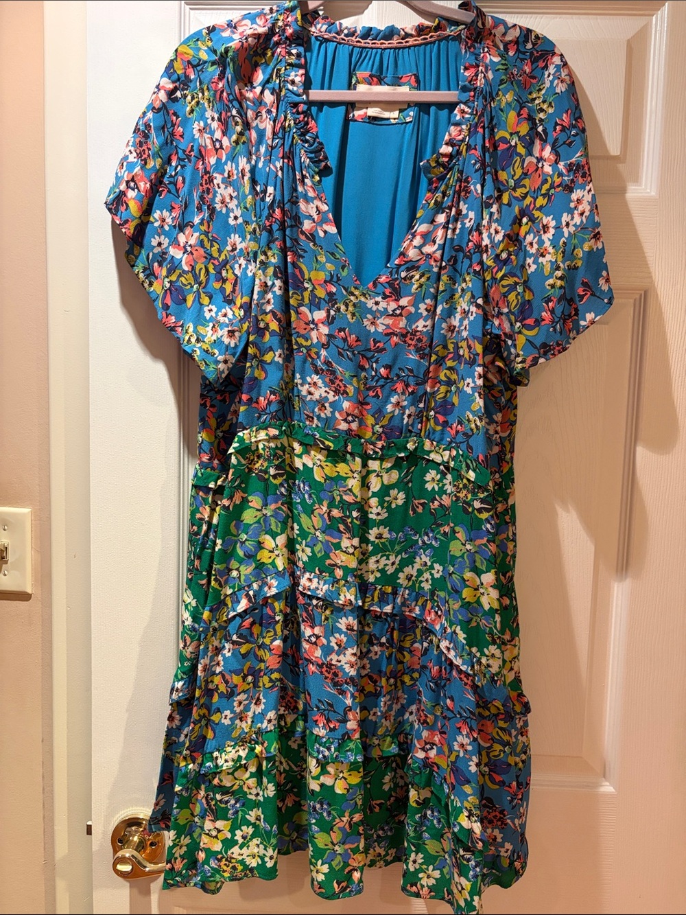 Anthropologie Blue and Green Floral Tiered V-Neck Dress